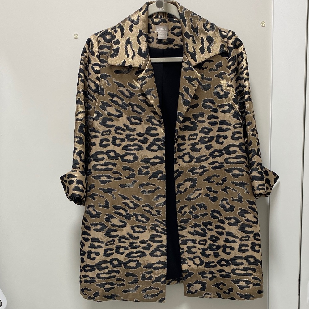 CHICO’S Leopard Print Jacquard Topper Open Front Jacket